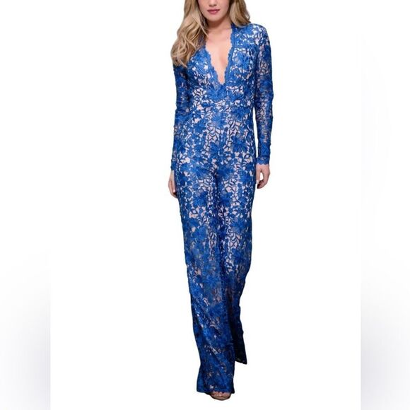Maslavi by Jovani Blue Lace Jumpsuit Size 2 - Picture 2 of 4